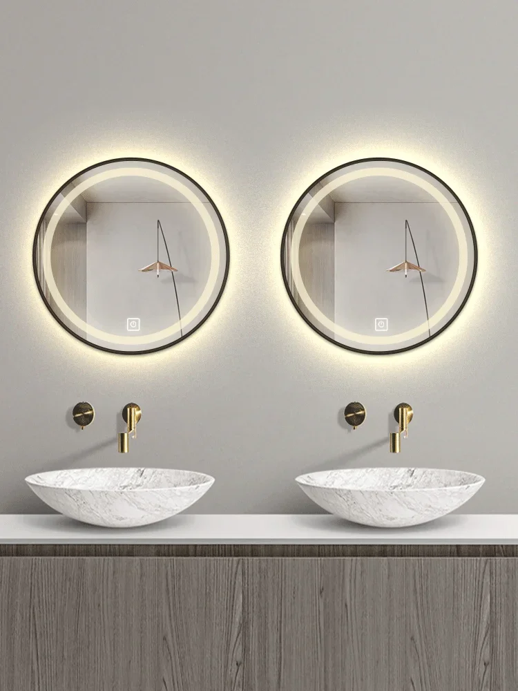 Intelligent bathroom mirror without punching, aluminum alloy frame, LED light mirror, circular toilet, defogging mirror