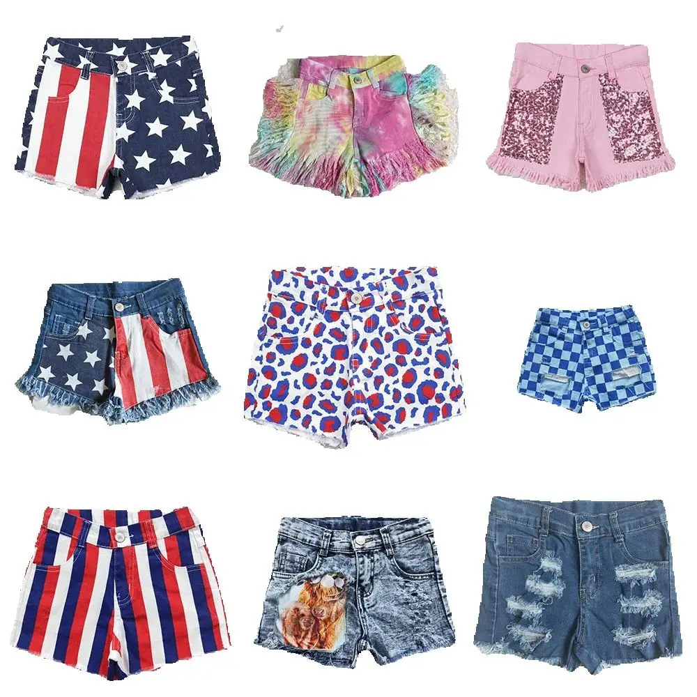 

RTS baby girls shorts denim 4th of july button adjustable waistband summer spring girls shorts jeans toddler kid clothes new