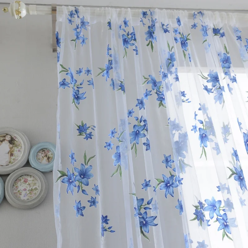 New Tulle Curtain Blue Flower Print Window Curtain Living Room Bedroom Decorations Floor-to-ceiling Curtain Thin Transparent Dra