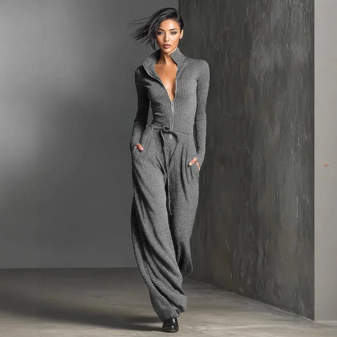 

New Fashion Leisure Zip-Up Stand Collar Drawstring Waist Cinching Slimming Sports Jumpsuit Pants