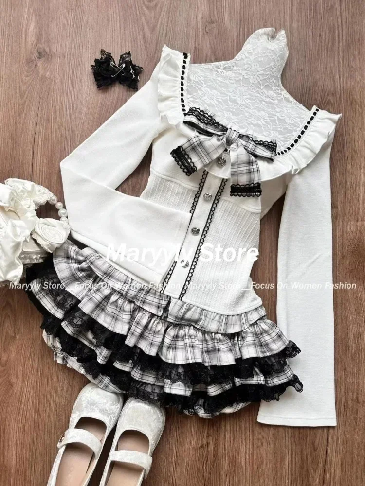 Japoński Vintage Sweet 2-częściowy zestaw damski Kawaii Patchwork Bow Slim Dzianinowe topy + Koronkowa mini spódniczka w kratę Jesienne zimowe stroje