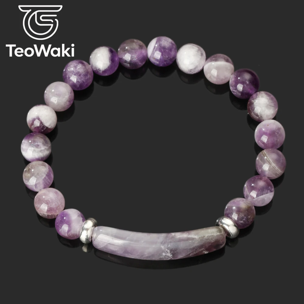 Teowaki Natural Stone Beaded Elastic Stretch with Round Beads and Bridge-type Amethyst Decoration Daily Jewelry Ideal Gift 19cm