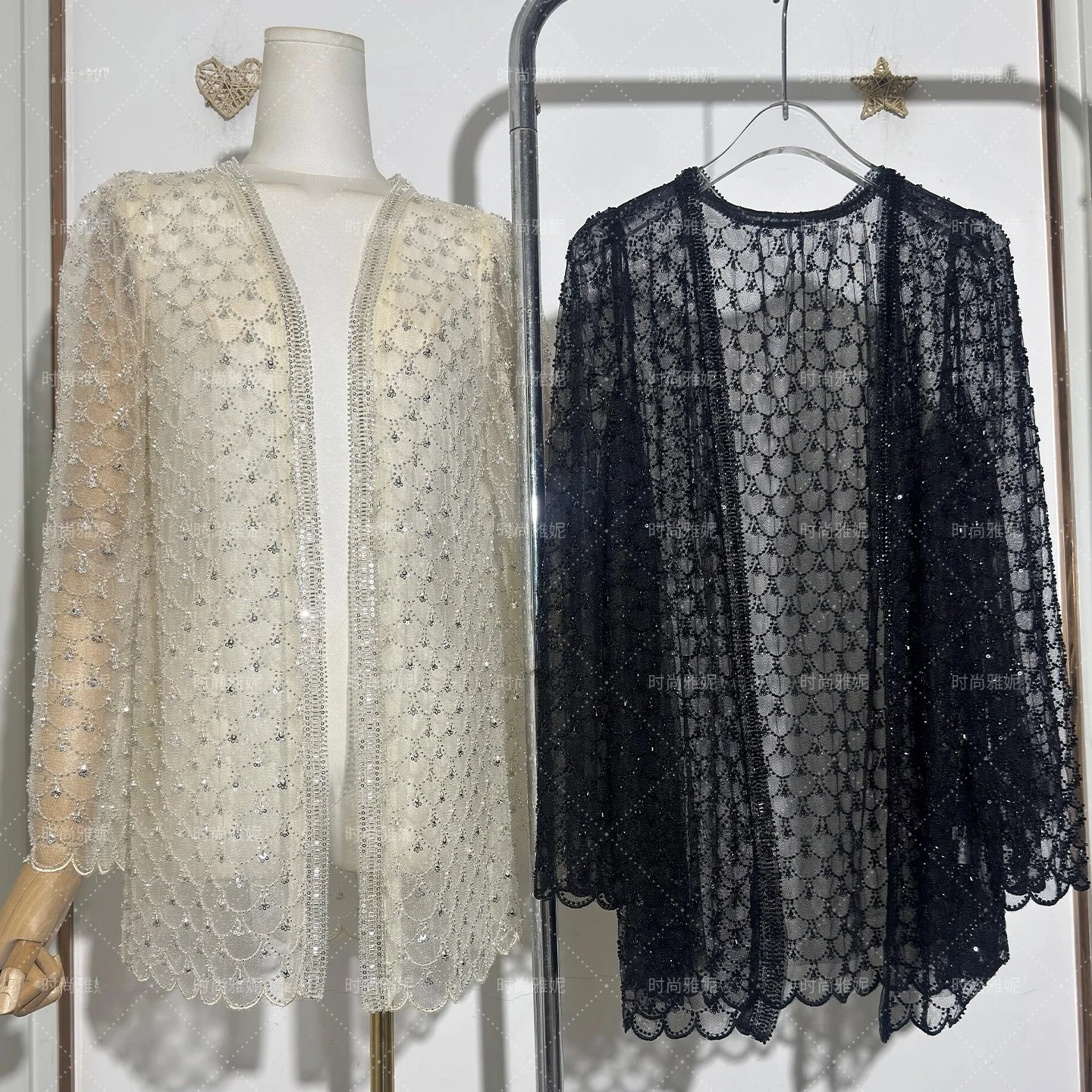 

Faionable Yan Heavy Embellied Lace Open Cardigan Women's Outerwear Slimming Versatile Sequin Top Long Sve Mid-Length