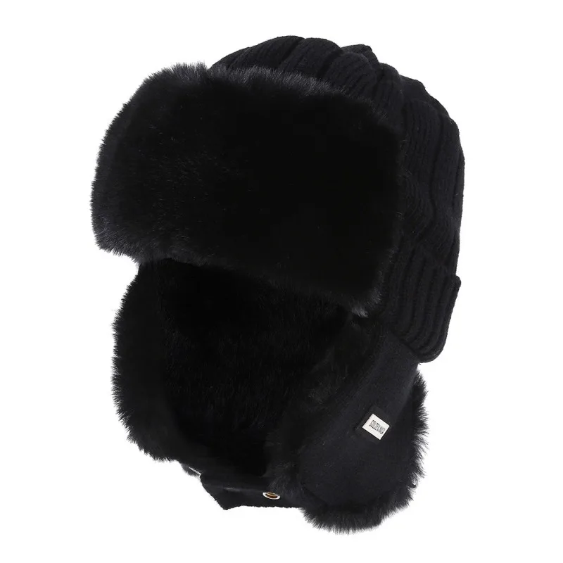 Men Winter Hat Riding Fleece Thickened Lei Feng Hat Outdoor Warm Windproof Ear Protection Knitted Wool Hat Big Head Thermal