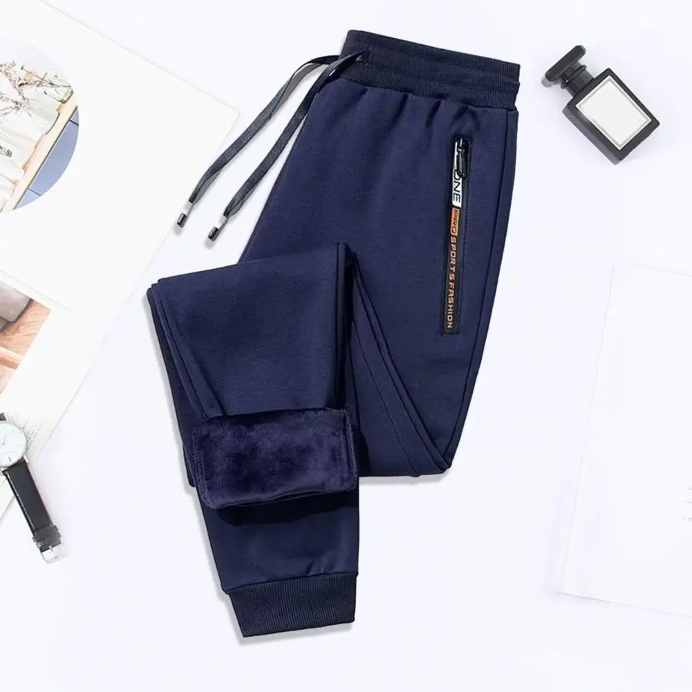 Men Sweatpants Warm Thicken Fleece Lining Pants Elastic Waist Drawstring Pockets Long Jogging Pants Outdoors Leisure Sweatpants