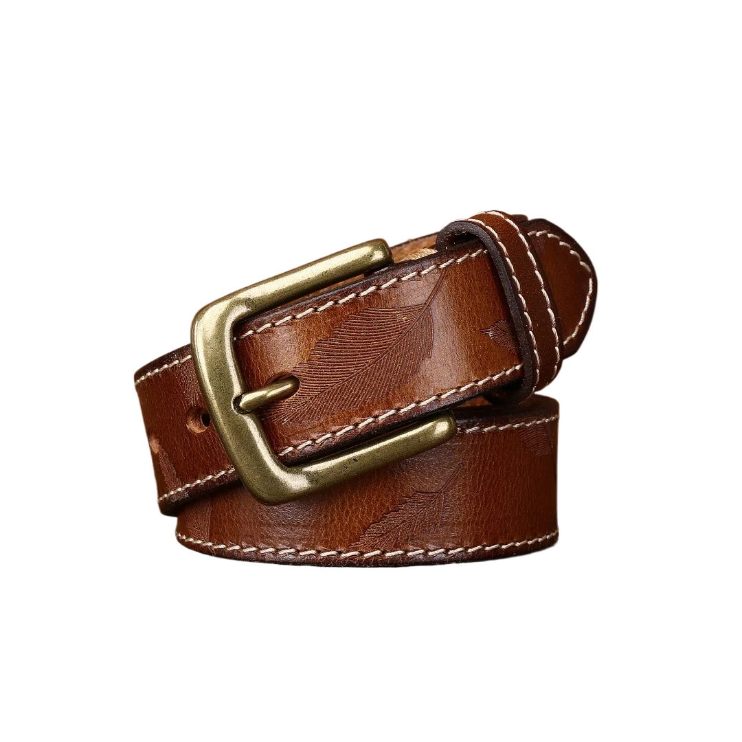 34cmレーザー彫刻ヴィンテージ牛革ベルト、真鍮製の個性的なバックル付きカジュアルウエストベルト