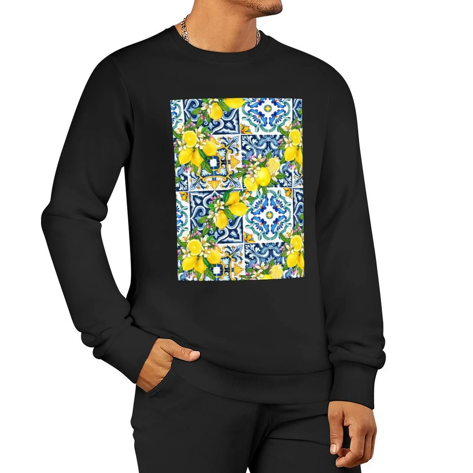 

Bright Mediterranean Sicilian Tiles with Citrus Lemons Pullover Hoodie winter clothes aesthetic clothing sweatshirts for men