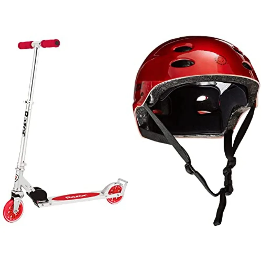 

A3 Kick Scooter for Ages 5+ with Foldable Large Wheels Front Vibration Reducing System and V-17 Youth Multi-Sport Helmet in Luc