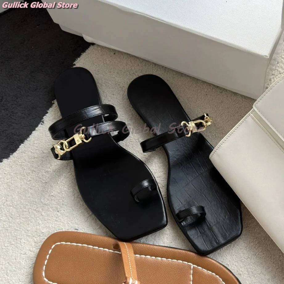 

2024 New Arrival Slides Genuine Leather Soft Square Toe Concise Metal Chain Flat Slippers Summer Dress Casual Comfortable Shoes