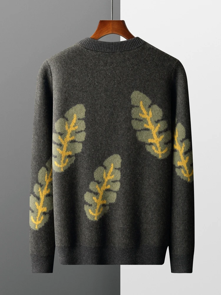 Men's 100% Merino Wool Knitwear O-neck Leaves Thick Jacquard Towel Embroider Wool Pullover Autumn Winter Knitting Comfy Sweater