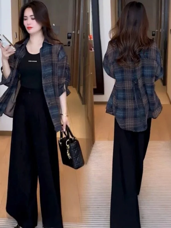 High-End plus Size Shirt Korean Fashion Casual Loose Slimming Plaid Outerwear Artistic Style Long Sleeve round Neck Single Bu...