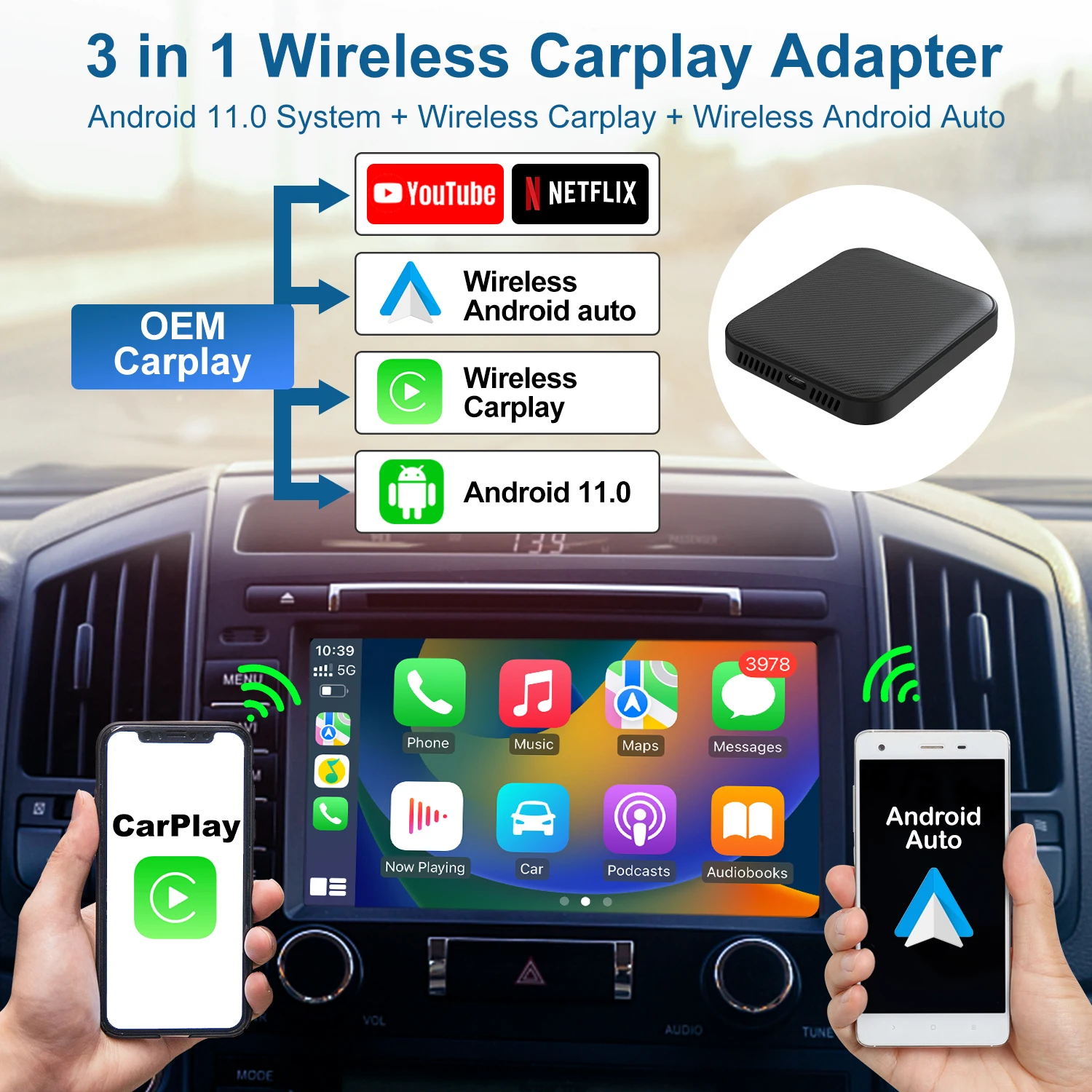 Wireless CarPlay Android Auto Adapter with Netflix/YouTube/Google Play, Android AI Box USB Dongle for Factory wired carplay cars