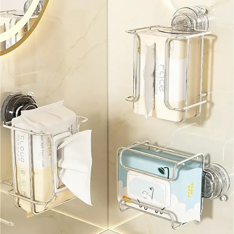 

Stainless Steel Paper Storage Box Suction Cup Toilet Tissue Holder Punch-Free Wall Mounted Wet Wipes Box Large Capacity 1PC