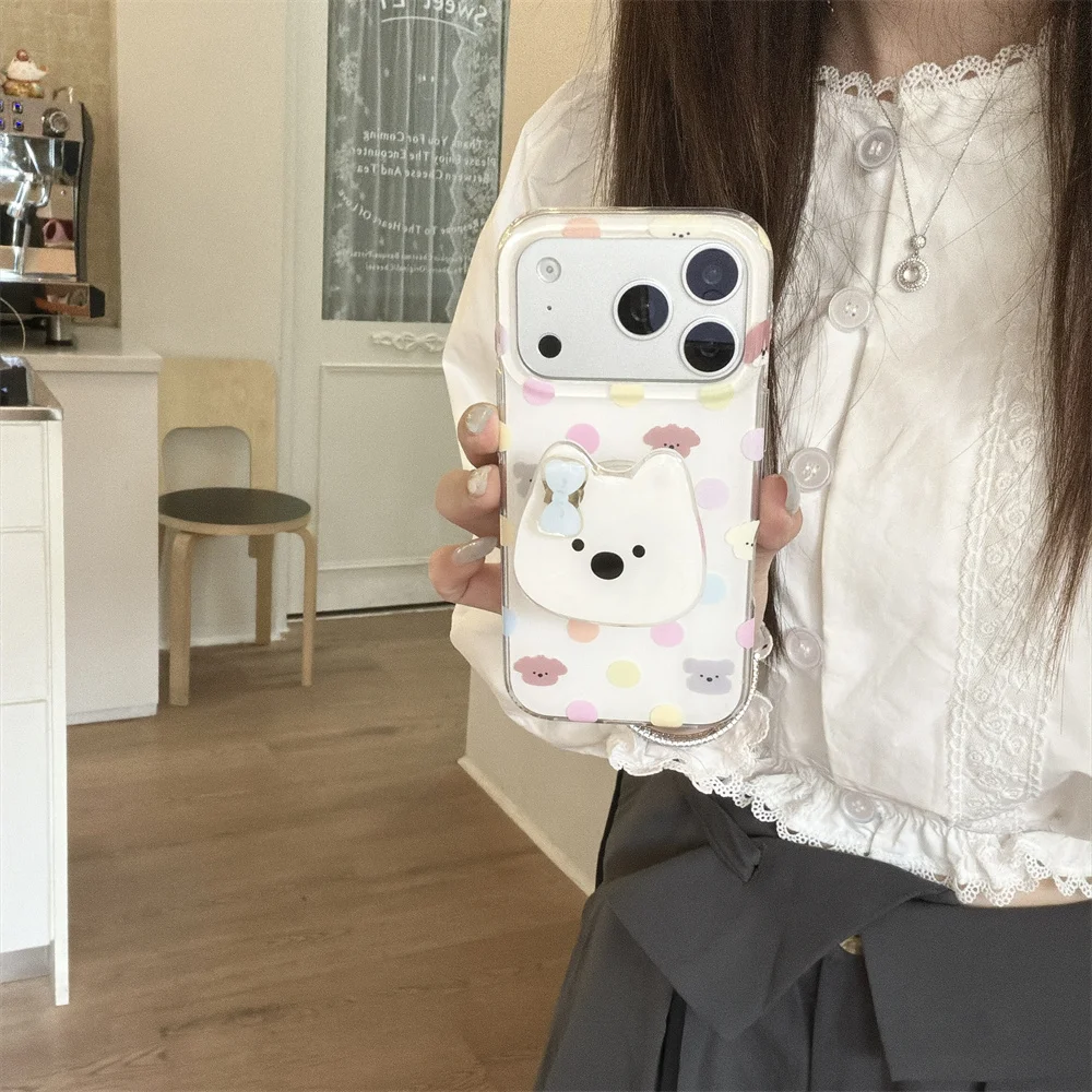 Cute Polka Dot Bear Phone Case For iPhone 15 16 17 Pro Max With 3D Bear Bow Holder Stand Shockproof Protective Cover For Girls