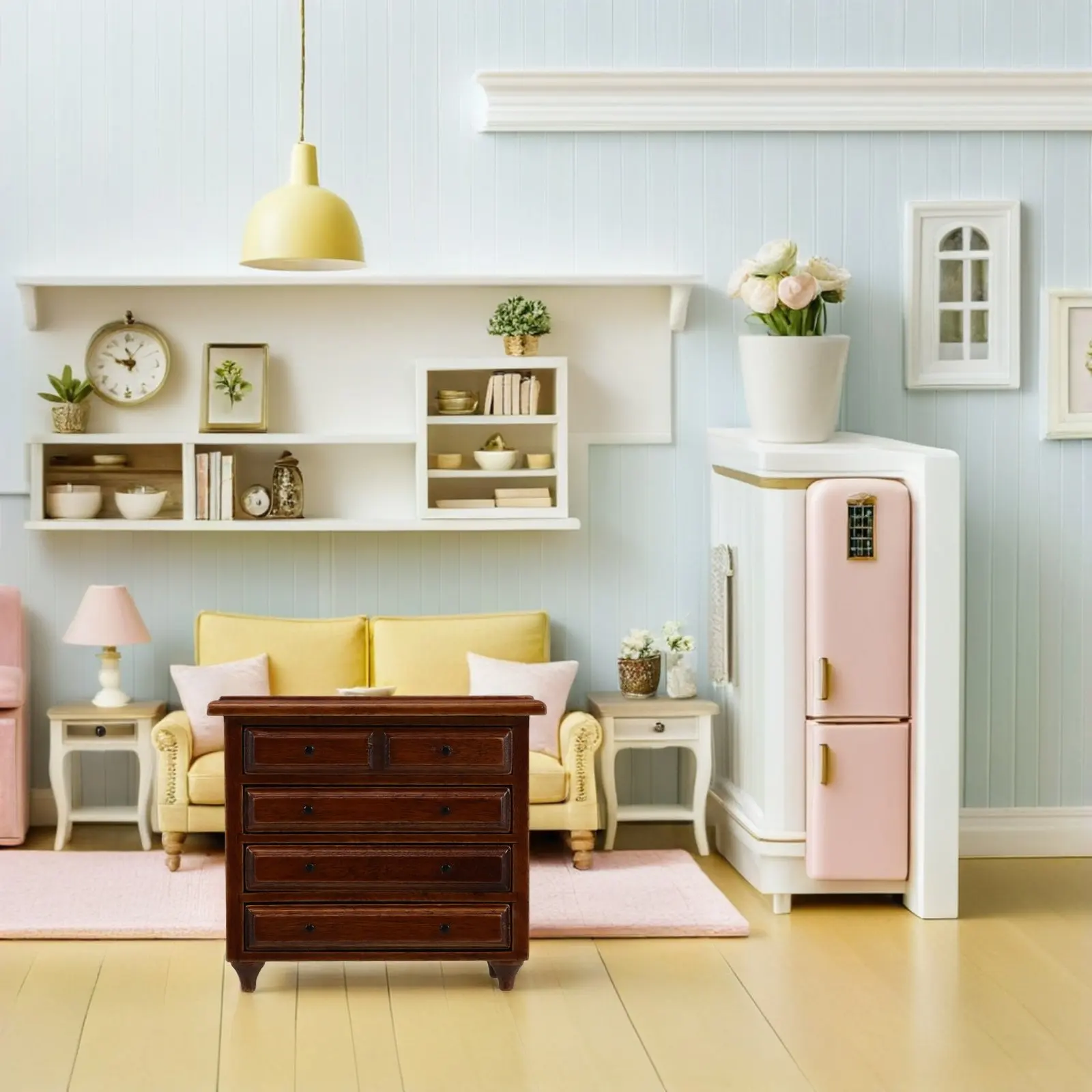 

1:12 Scale Mini Solid Wood Drawer Cabinet Realistic Handcrafted Dollhouse Furniture, Vintage Chestnut Finish Mini Storage