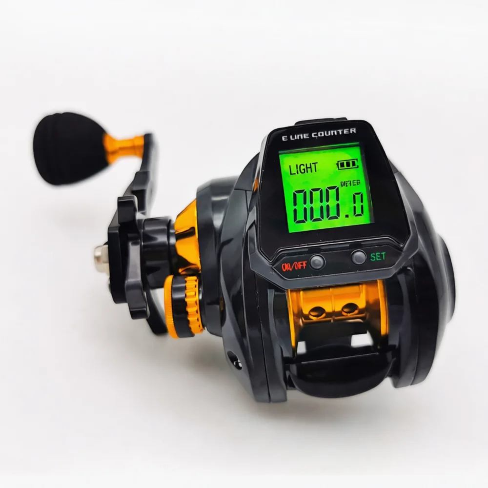 Digitale Anzeige Baitcaster Angelrolle mit Bremsalarm, Großbildschirm, Baitcasting-Ausrüstung für Salzwasser-Boots- und Floßangeln