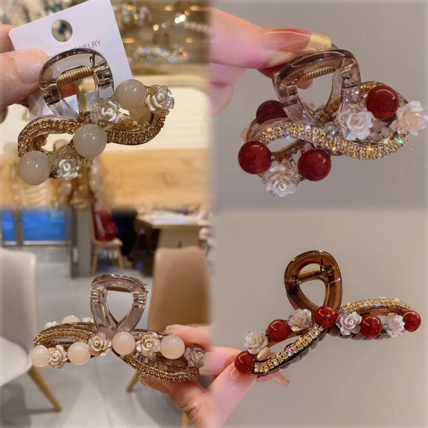 

Korean Version of Rhinestone Flower Clip Rose Red Bead Shark Temperament Plate Hair Clip Light Luxury Hair Accessory