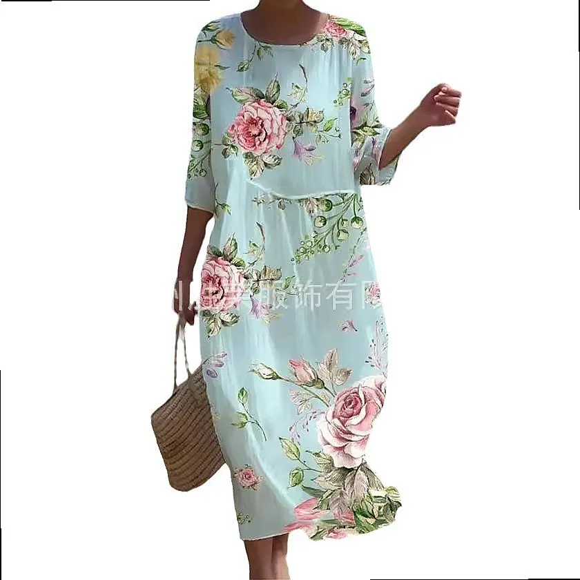 Floral Print Dress Dresses Spring Summer Round Neck A-Line Midi Dress Women Casual Party Wear