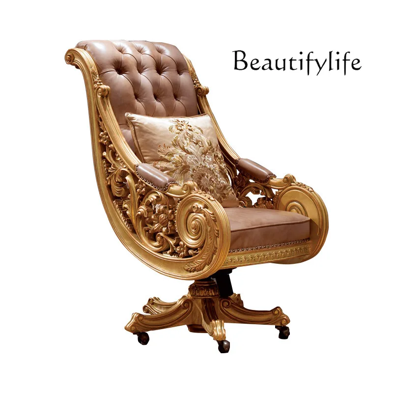 

European-style carved leather office chair luxury villa gold foil swivel chair French luxury neoclassical