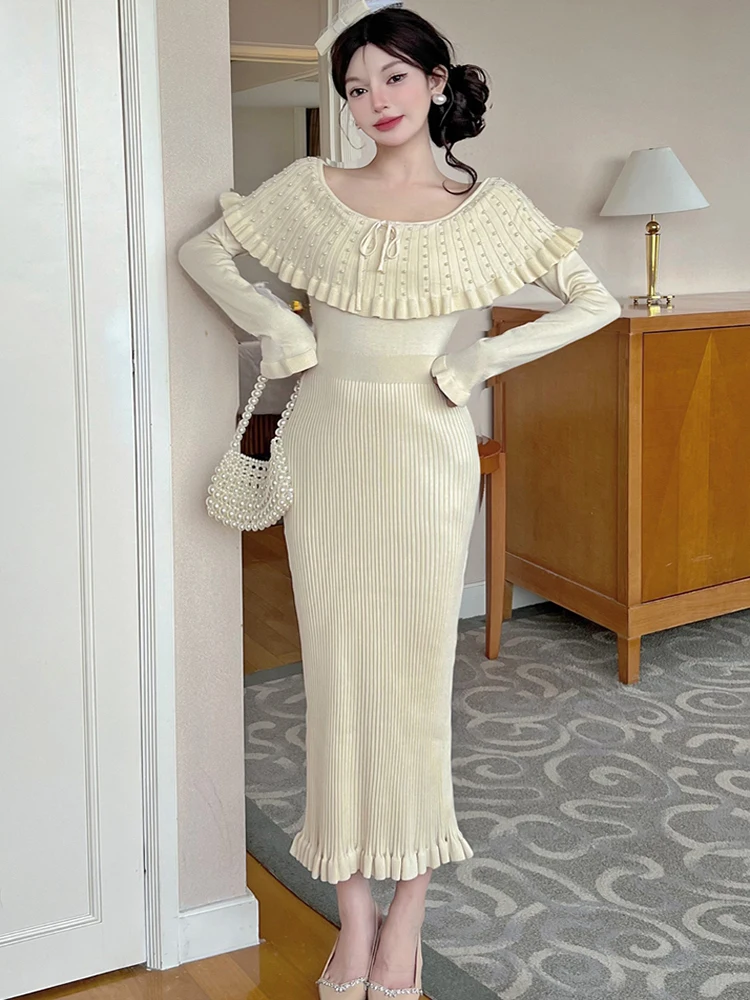 الخريف الشتاء المرأة التفاف فساتين محبوكة الإناث موضة أنيقة حبة الكشكشة كم طويل غمد تريكو مكتب Bodycon فستان