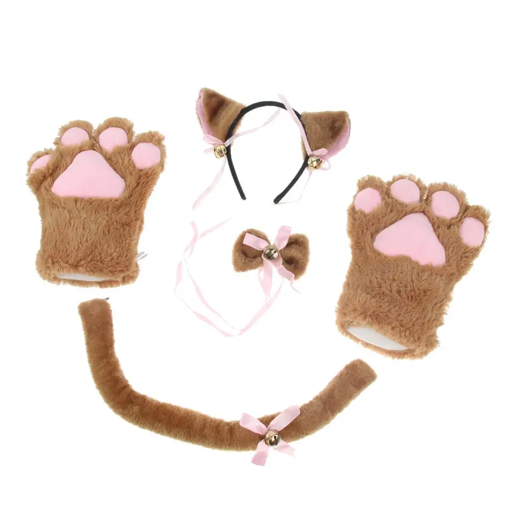 Cat Cosplay Set Plush Gloves Kitten Ear Tail Collar Paws Party Costume