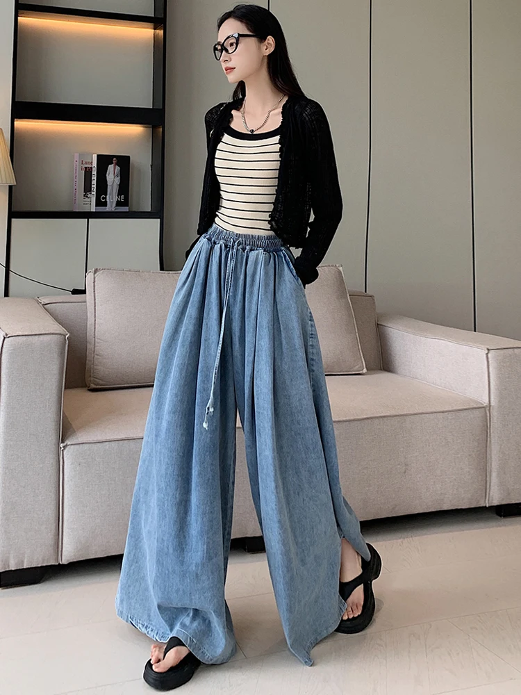 2025 Elastic Waist Loose-Fit Plus Size Women's Jeans Slimming Wide-Leg Ground-Length Simple Culottes Casual Pants Spring NEW