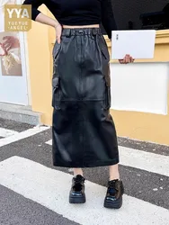 High Waist Women Genuine Leather Cargo Skirt High Street Fashion Black Casual Long Skirts Female Real Sheepskin Skirt Size S-4XL