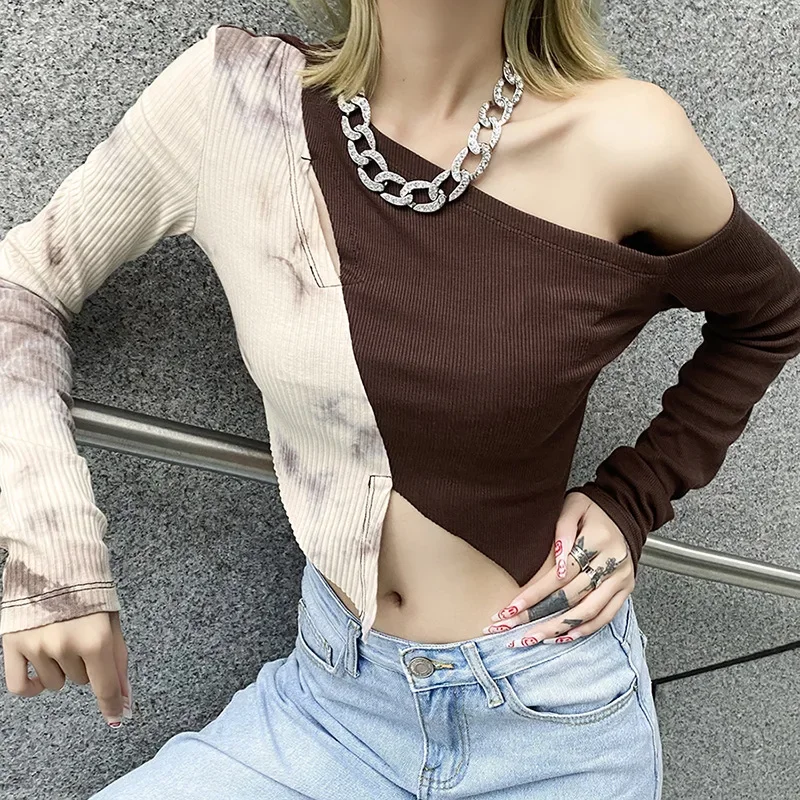 

Fall 2024 New Women's Solid Color Slimming Navel Fashion Irregular Color Hit Long-sleeved T-shirt Women's Diagonal Collar Top