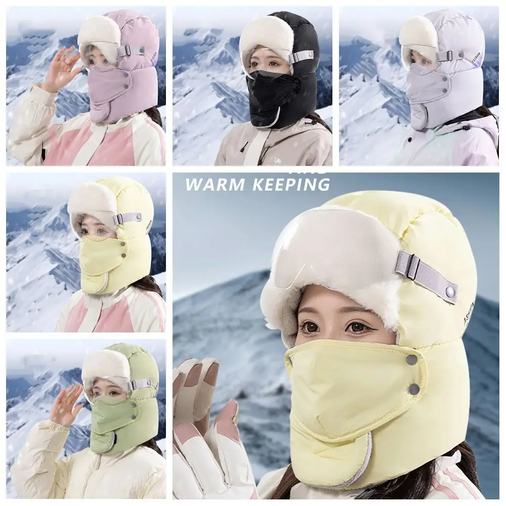 

Russian Ushanka Winter Plush Earflap Hats with Goggles Padded Hood Beanies Cycling Windproof Cap Thickening Snow Caps