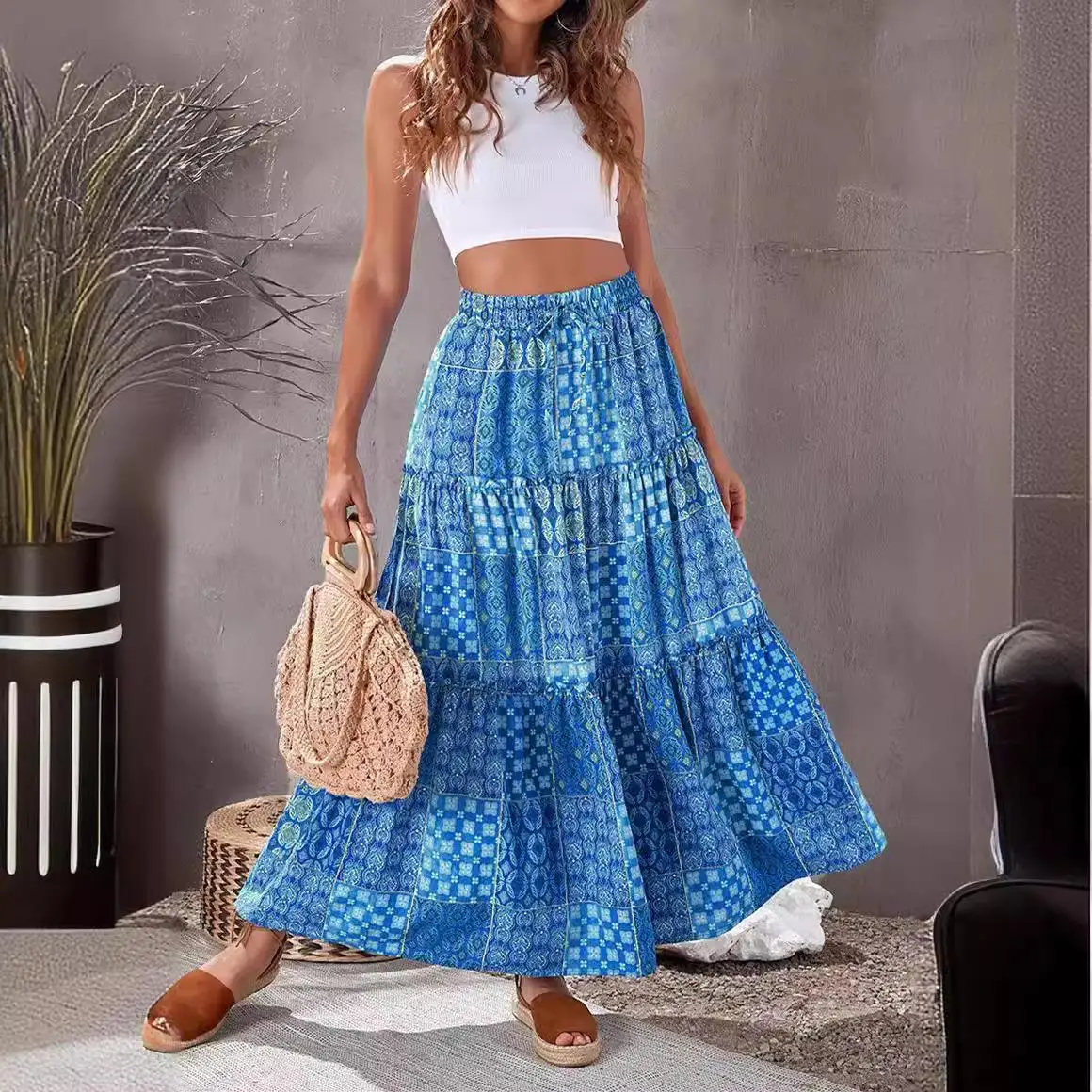 

Пляжная юбка с принтом Ele, свободная расклешенная юбка, женская юбка миди, двухцветная плиссированная юбка со средней талией, прочее/другое