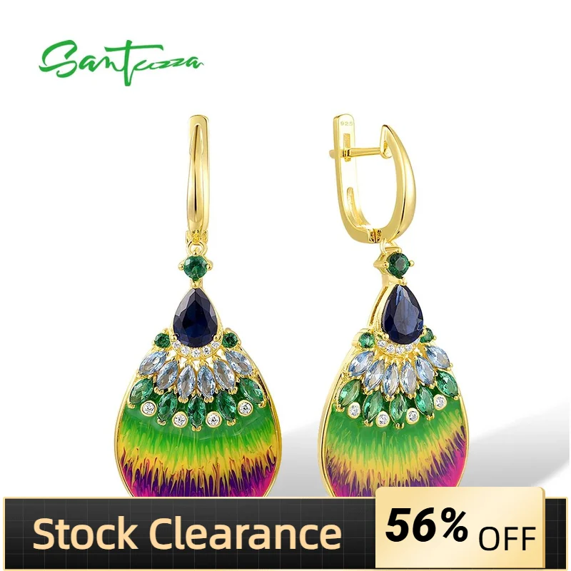 

SANTUZZA Радужные серьги из чистого серебра 925 пробы для женщин, красочный камень в форме веера, желтая пластина, эмаль, нежные изящные ювелирные изделия