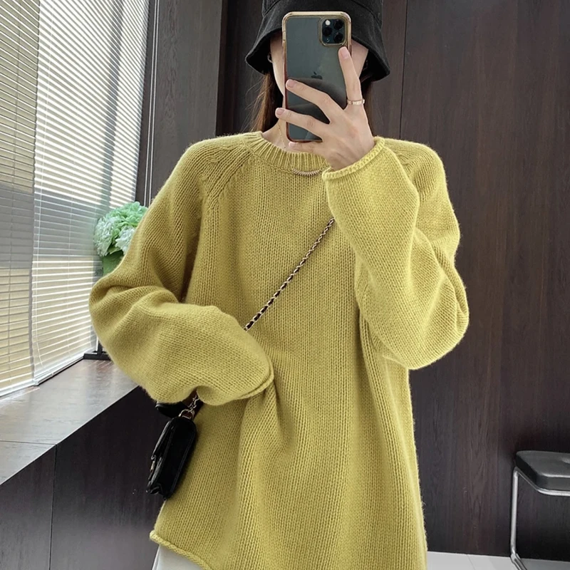 

Winter women's sweater warm pure wool pullover fashionable trend round neck raglan sleeves solid color top loose version