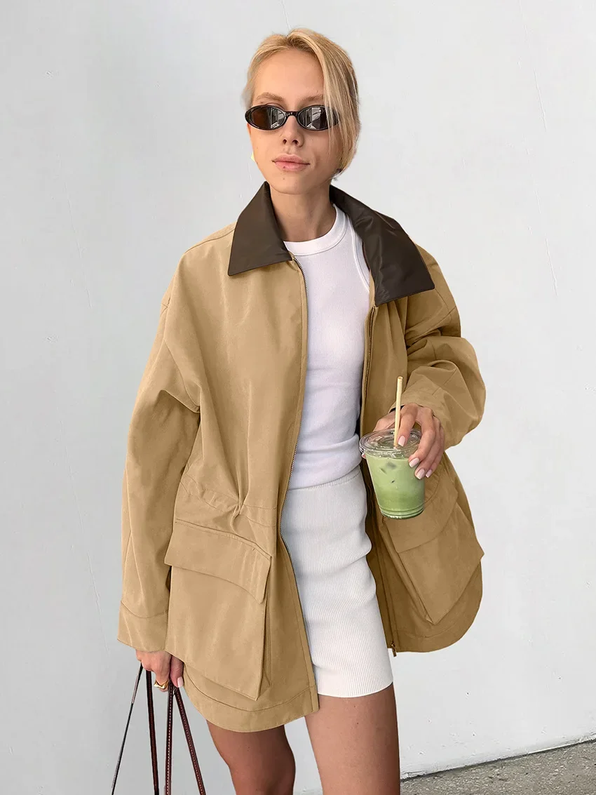 

2025 New Commuter Retro kaki revers trenchcoat dames herfst en winter contrasterende kleur middellange en lange jas dameskleding