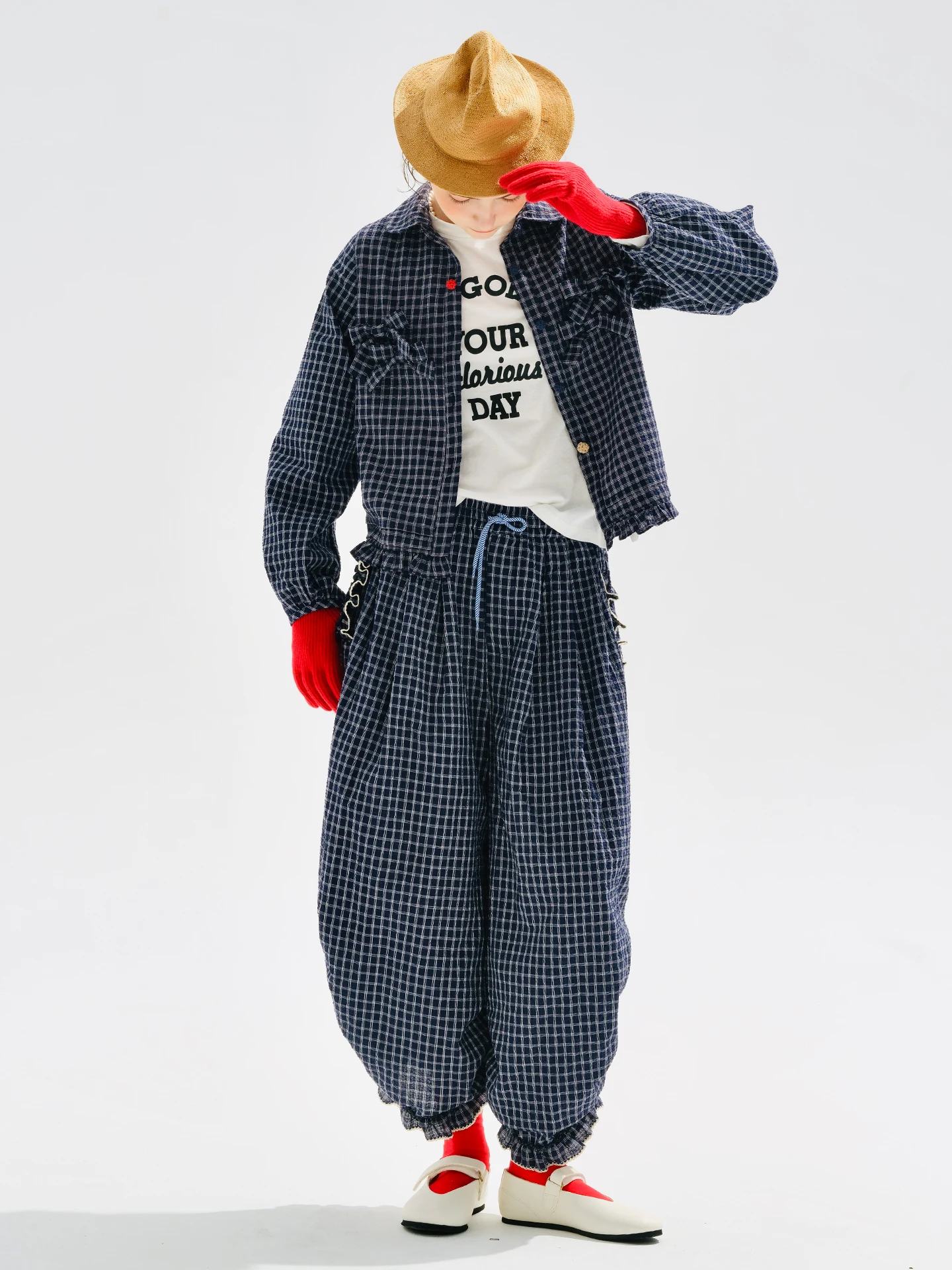 Women's Navy Blue Checkered Harem Pants with Elastic Cuffs and Drawstring Waist Casual Fashion Daily Wear 255196