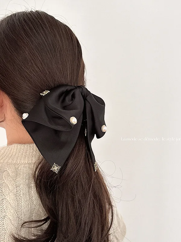 Exquisite pearl bow ribbon hairclip women's high-end feel headpiece at the back of the head hair accessory black ponytail clip