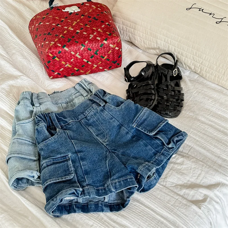 Toddler Girls Wide Leg Denim Shorts Elastic Waist Cargo Style Summer Soft Cotton Casual Pants 1-6Y