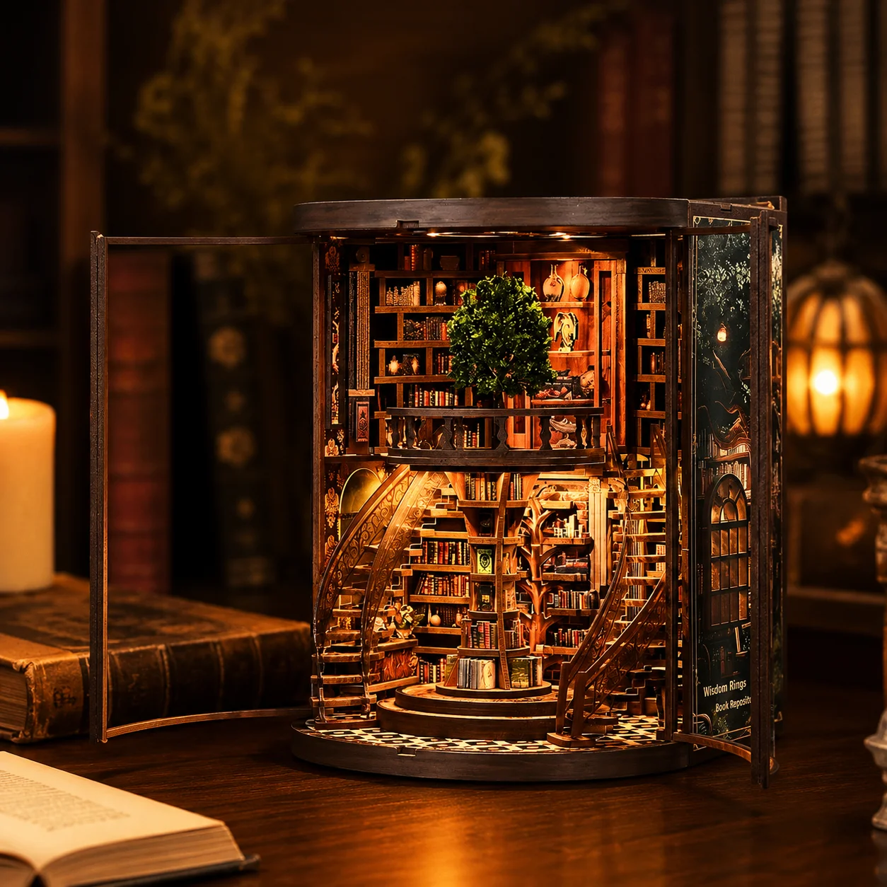 DIY Wisdom Rings Book Nook Kit 3D Wooden Puzzle Bookend, Miniature Bookshelf Insert Decor, Creative Gift for Adults