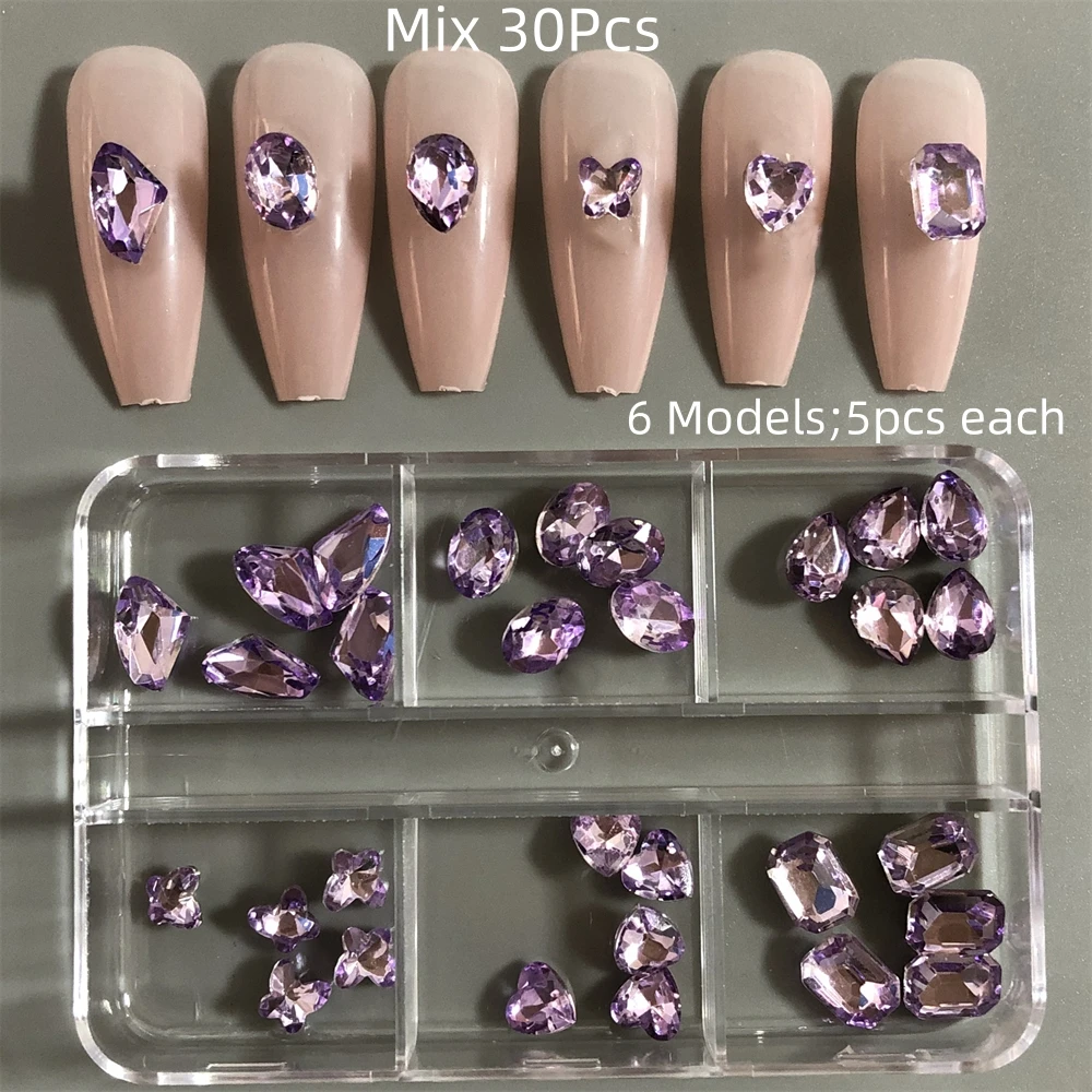 Sweet French Nail Art Charms Purple Crystal Diamond Pointed Bottom Rhinestone Square Oval Rounded Flare Fingernails Decorations