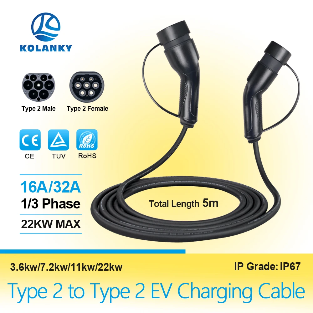 EV Charging Cable 16A/32A 1P/3P 3.6kW/7.2kW/11kW/22KW Type 2 EVSE Charging Station Female to Male Plug With EV Cord 5M