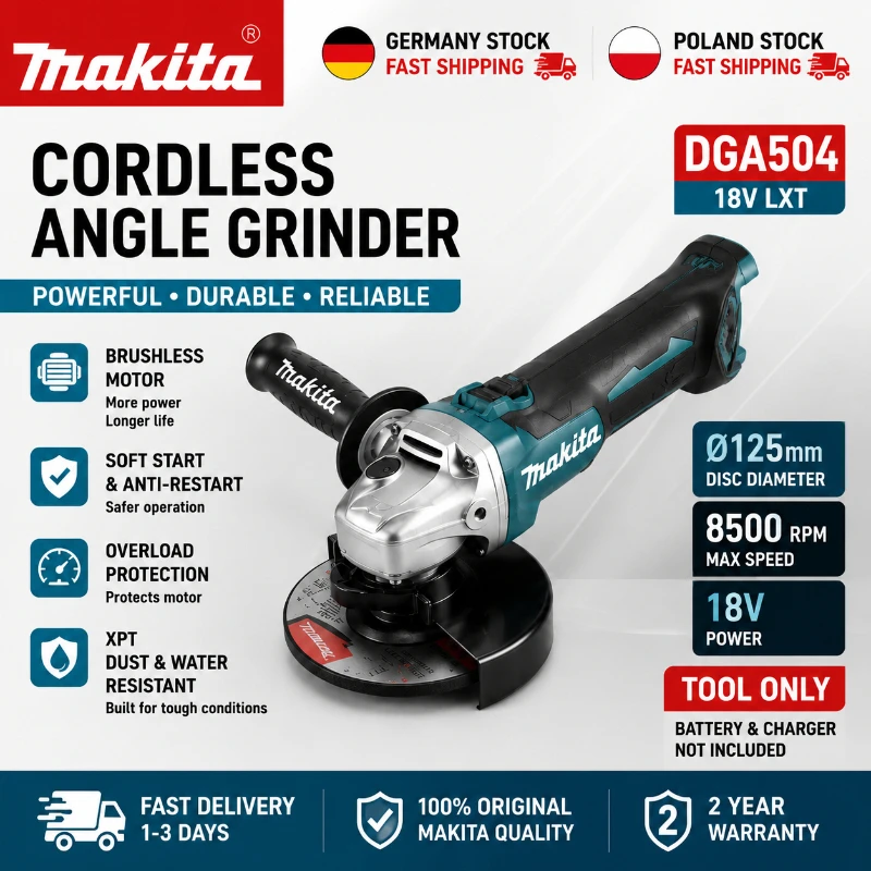 Original Makita DGA504 18V 125mm Bürstenloser Akku-Winkelschleifer (ohne Akku und Ladegerät) LXT Li-Ion Elektroschleifer EU Lagerbestand Schneller Versand Kompatibel mit BL1860B BL1850 BL1840 BL1830