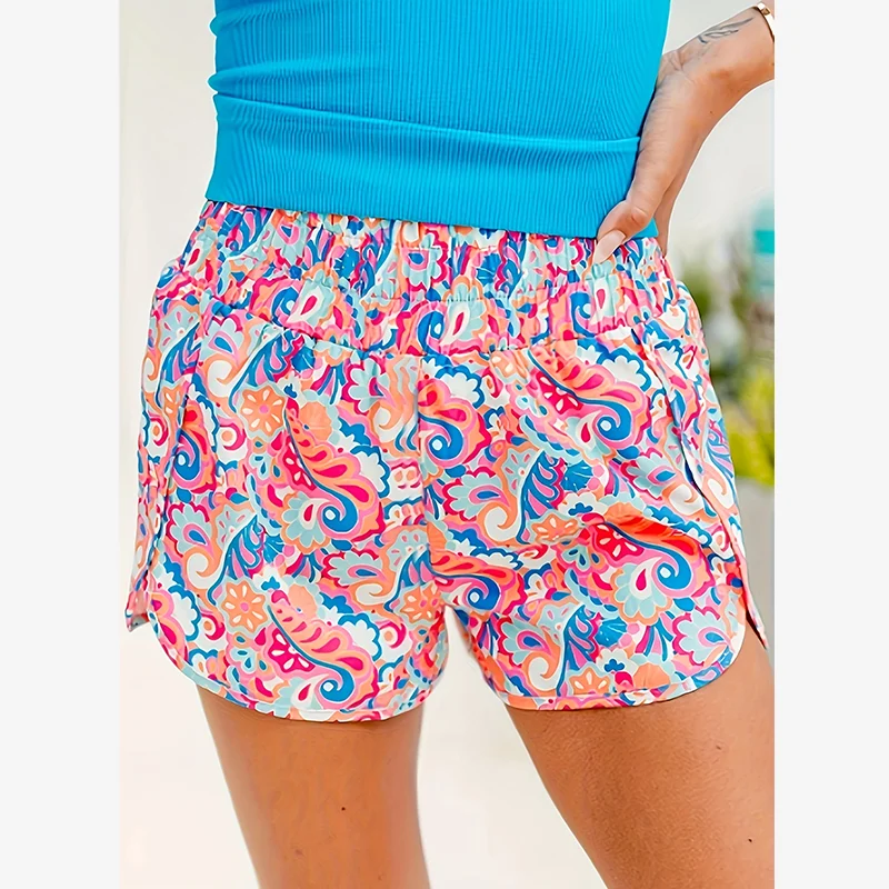 

Женские элегантные шорты с широкой талией и принтом, эластичные, для летнего отдыха, спорта и пляжа