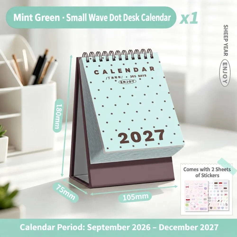 Practical Polka Dot Print Desk Calendar Wire Binding Stand Up Design 2027 Calendar With Stickers Stand Up Calendar For Students
