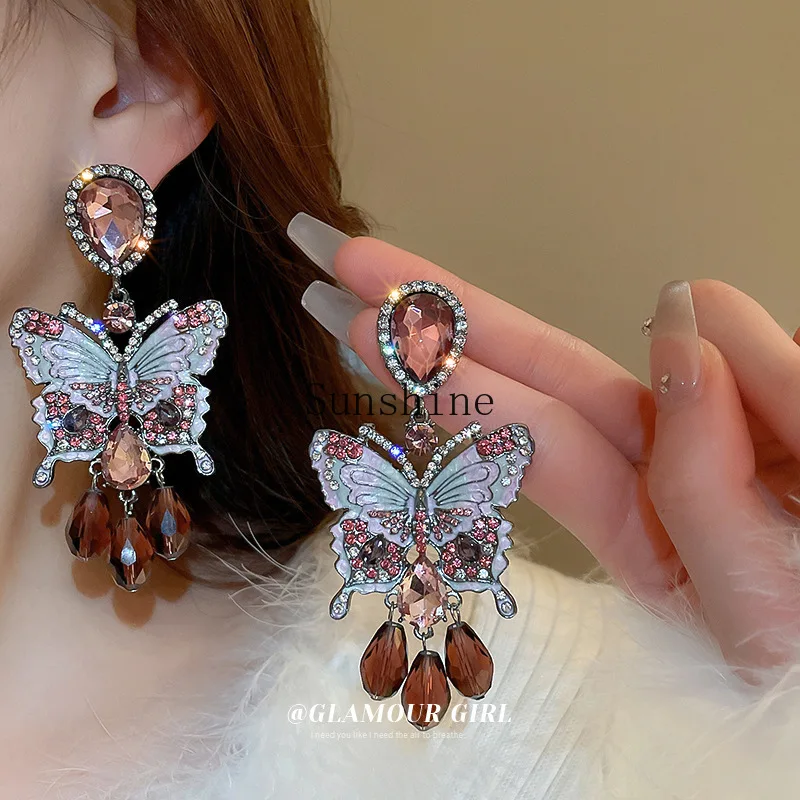 Silver Needle Diamond Butterfly Crystal Fringed Earrings Retro Light Luxury Earrings