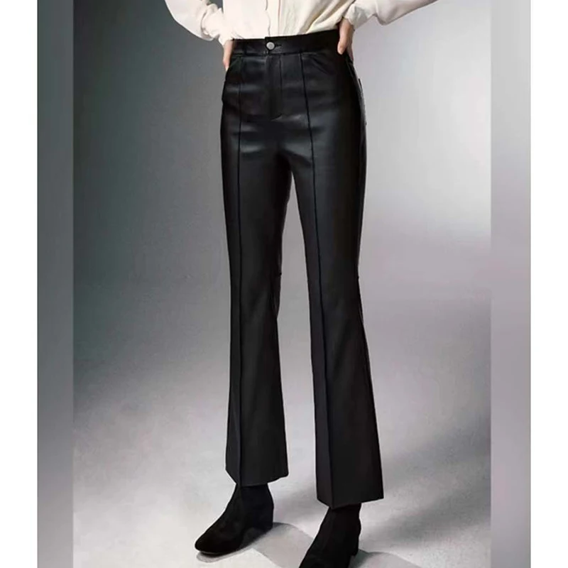 Women’s Flared Trousers Spring Autumn Lambskin High End Strecth Leather Elastic Waist Pocket Slim Retro Modern Calcas Feminina