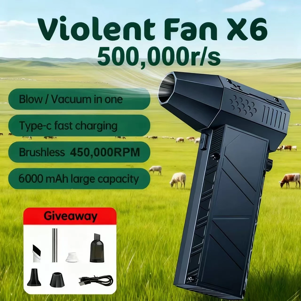 

500,000RPM X6 Air Blower Powerful dust Vacuum Cleaner Fast Charging Strong Wind Brushless Violent Fan for car/computer cleaning