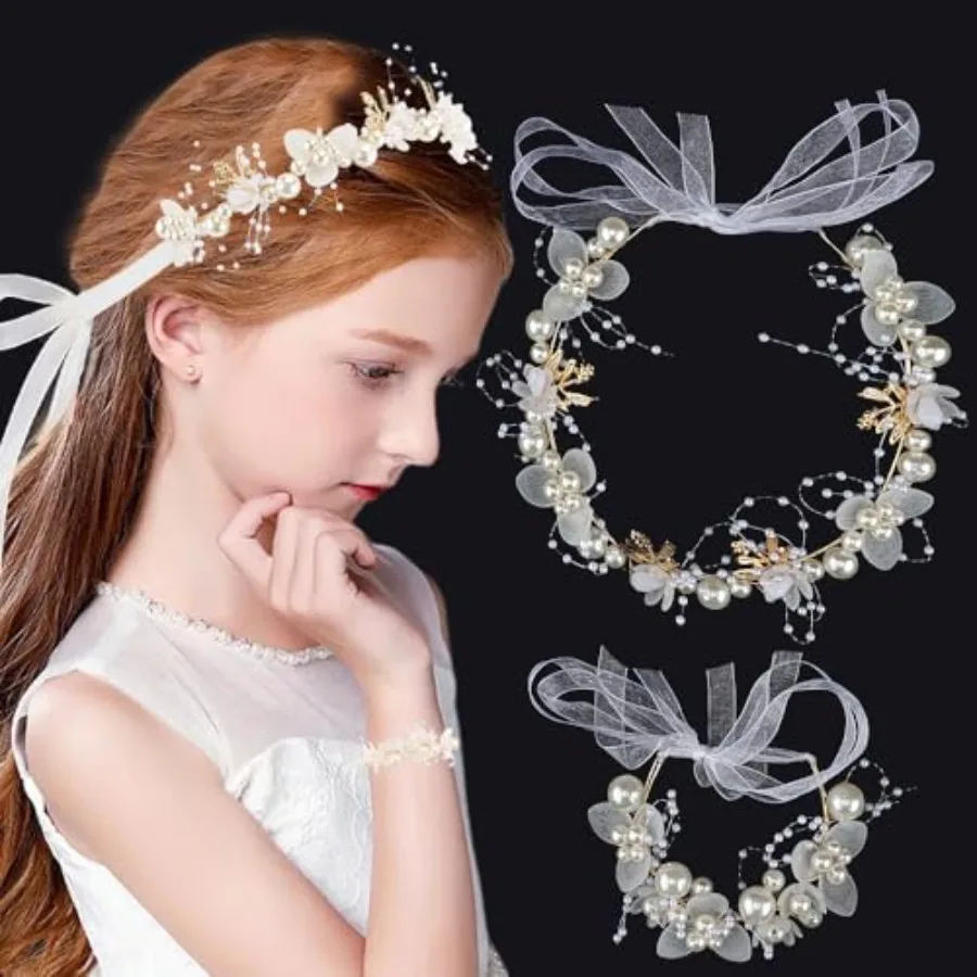 

2 Pcs Flower Girl Headpiece With Bracelet Pearl Flower Headband Hair Accessories For Women and Girls For Bridal Wedding