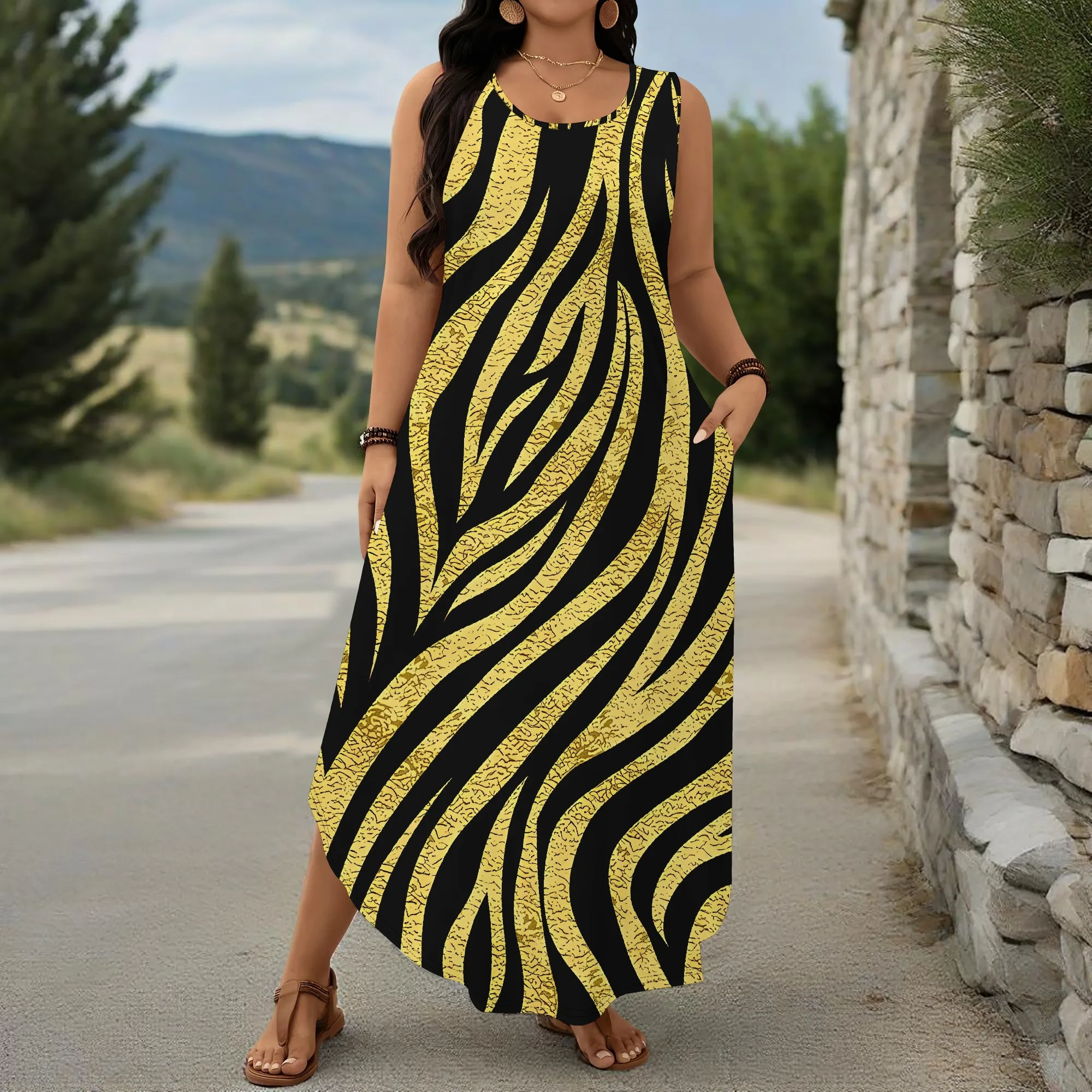 

EQQZD Elegant Sleeveless Wide-Shoulder Strap Dress for Women, Stylish Simple & Colorful Zebra-Stripe Print Maxi Dress
