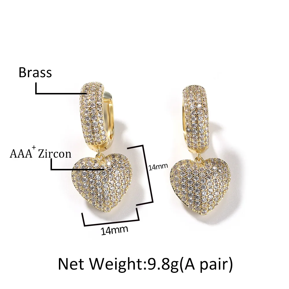 Light New Heart Shape Mirco Pave Bling Bling Iced Out Cubic Zircon Prong Setting Brass Earrings Fashion Hip Hop Jewelry BE040