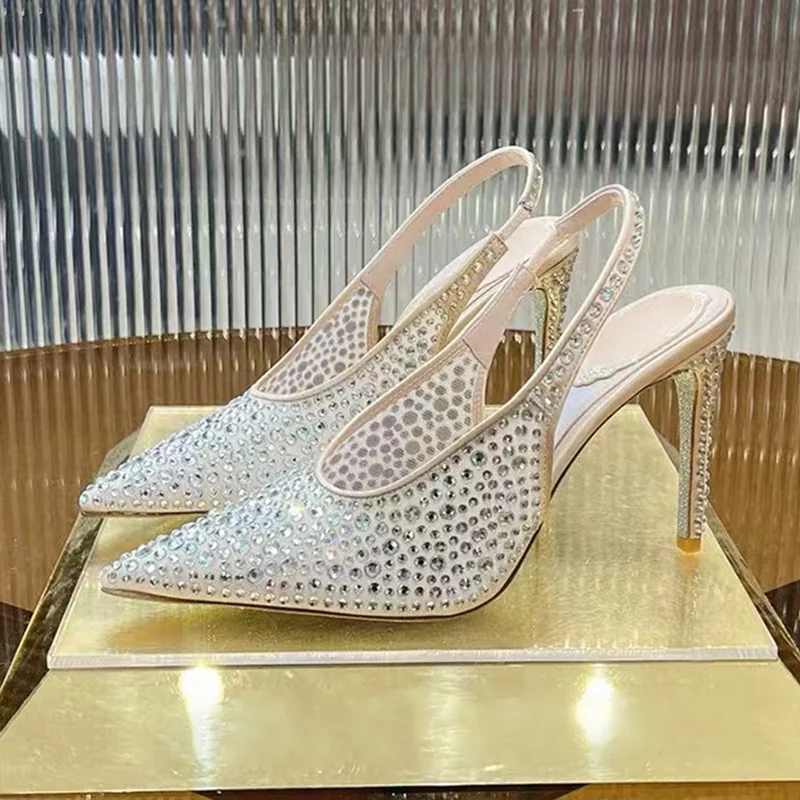 Pumps Pointed Toe Thin High Heels Sandalias Women Shiny Rhinestone Decor Back Strap Sandals Spring Summer Party Dress Shoes