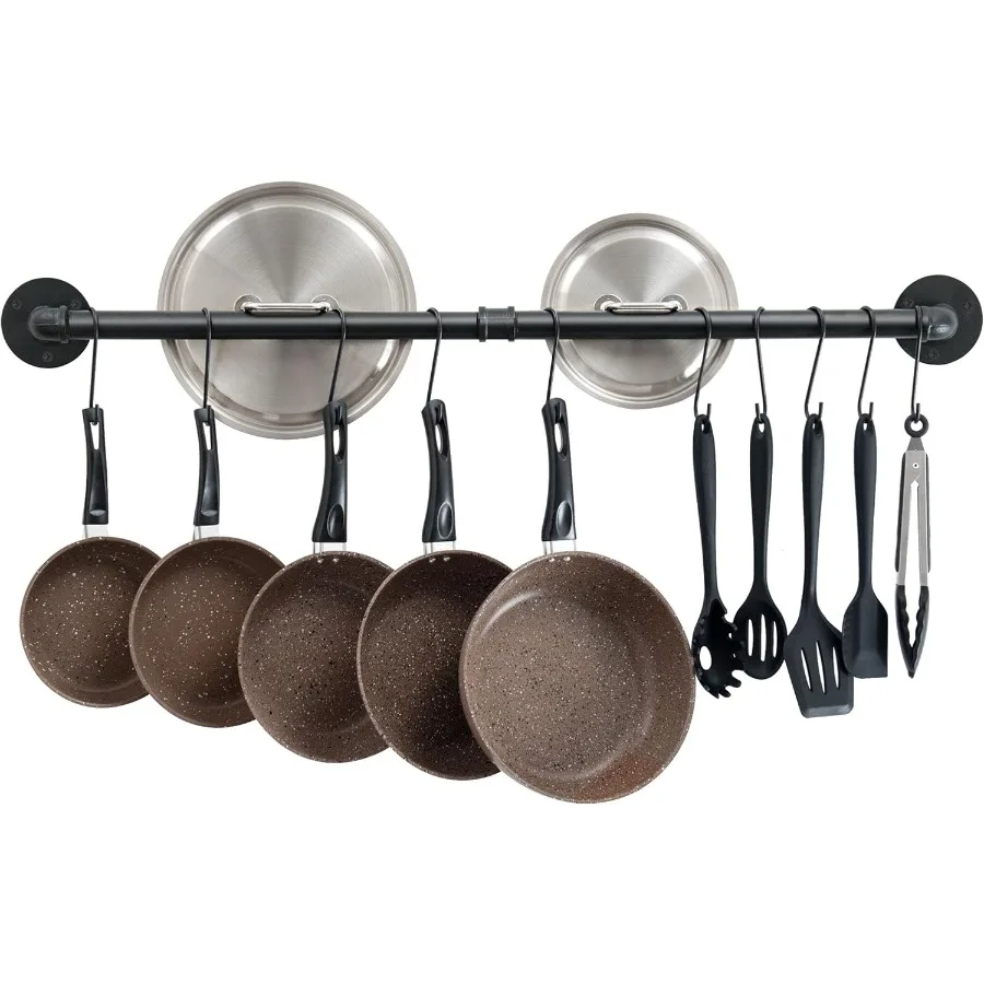 

38 inch Pot Bar Rack Wall Mounted Detachable Pans Hanging Rail Kitchen Lids Utensils Hanger with 14 S Hooks Black